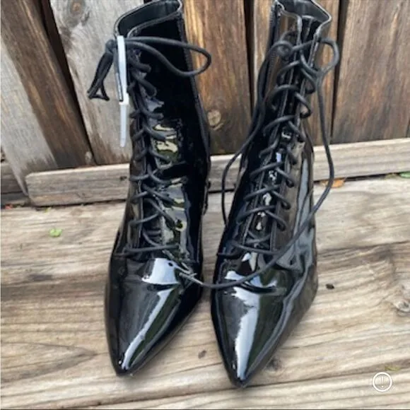Calvin Klein Esma Patent Leather Lace Up Boots in black size 8