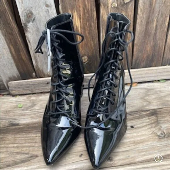 Calvin Klein Esma Patent Leather Lace Up Boots in black size 8