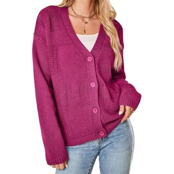 Cardigan for Women V Neck Open Front Button Down Long Sleeve Cable Knit Sweaters