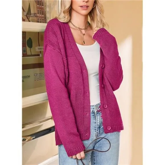 Cardigan for Women V Neck Open Front Button Down Long Sleeve Cable Knit Sweaters