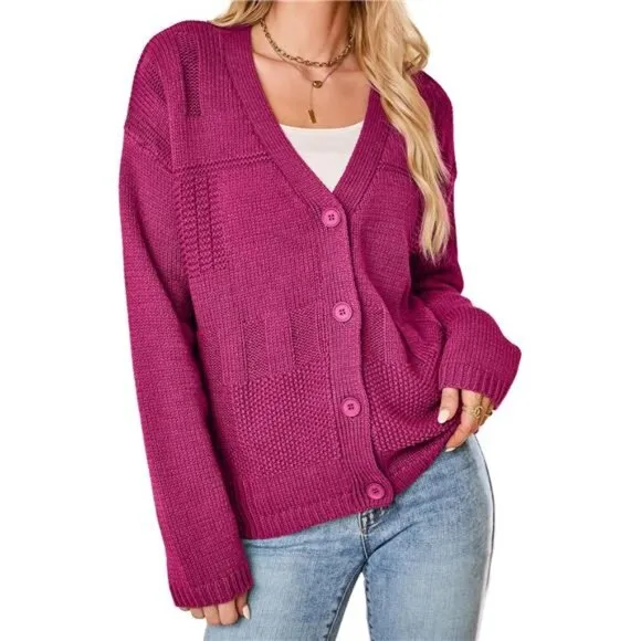 Cardigan for Women V Neck Open Front Button Down Long Sleeve Cable Knit Sweaters