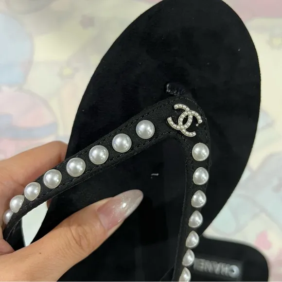 Chanel Black Pearl Slide Sandals