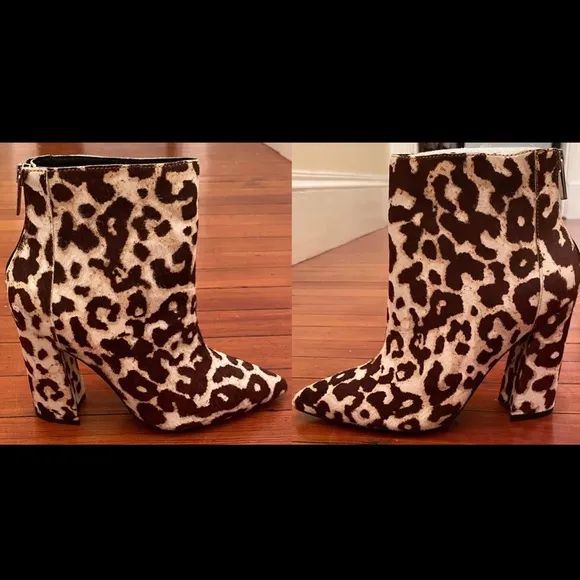 CHARLES DAVID Snow Leopard Calf Hair Pointed Toe Ankle Bootie Size 6.5 NEW