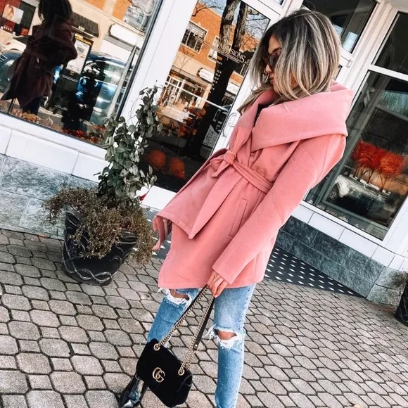 CHICWISH Dusty Mauve Pink Wool Blend Shawl Collar Wrap Short Asymmetrical Coat