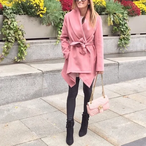 CHICWISH Dusty Mauve Pink Wool Blend Shawl Collar Wrap Short Asymmetrical Coat