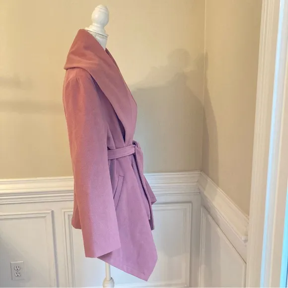CHICWISH Dusty Mauve Pink Wool Blend Shawl Collar Wrap Short Asymmetrical Coat