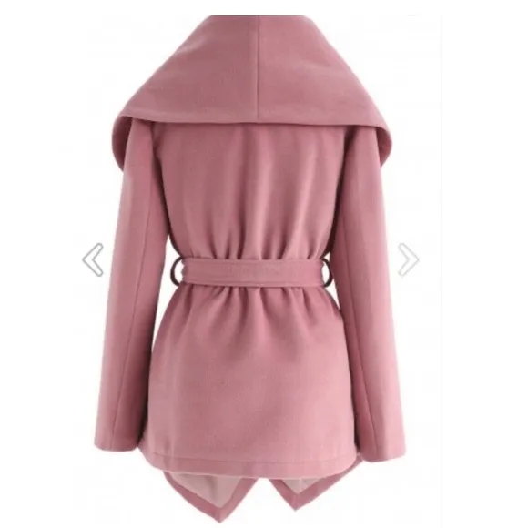 CHICWISH Dusty Mauve Pink Wool Blend Shawl Collar Wrap Short Asymmetrical Coat