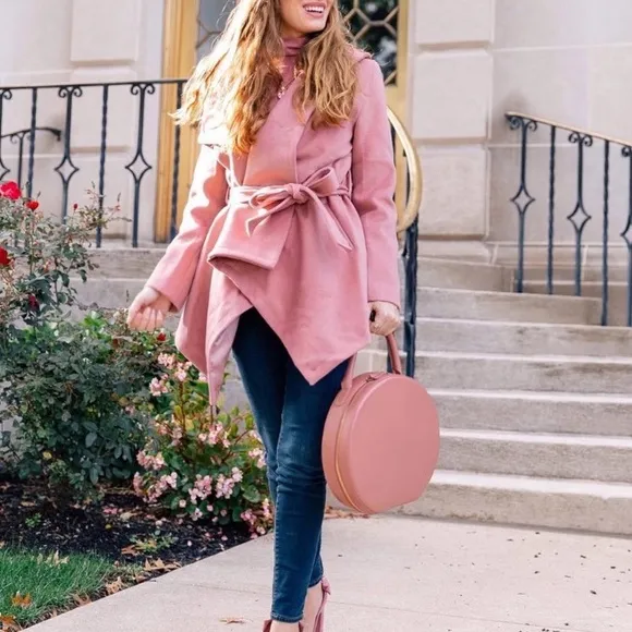 CHICWISH Dusty Mauve Pink Wool Blend Shawl Collar Wrap Short Asymmetrical Coat