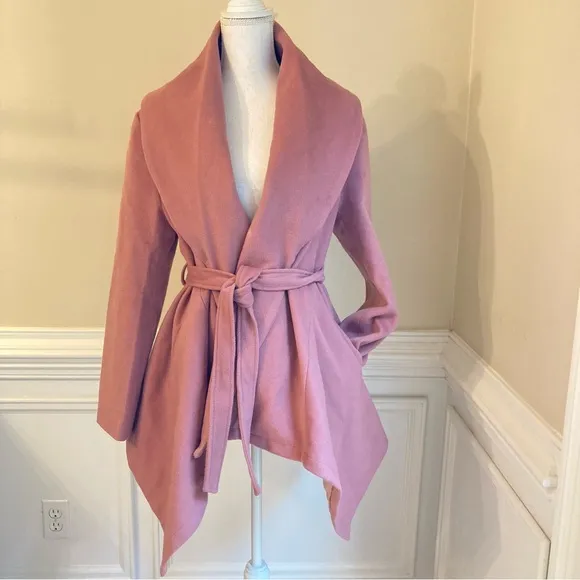 CHICWISH Dusty Mauve Pink Wool Blend Shawl Collar Wrap Short Asymmetrical Coat