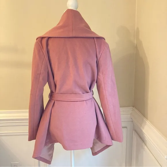 CHICWISH Dusty Mauve Pink Wool Blend Shawl Collar Wrap Short Asymmetrical Coat