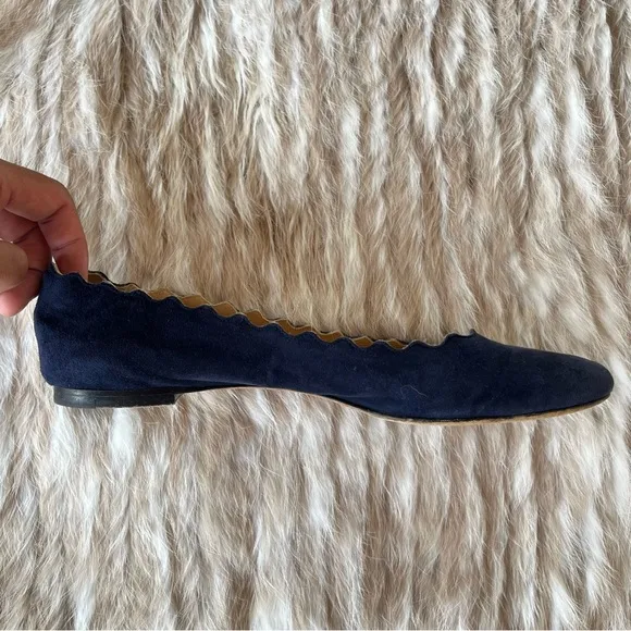 CHLOÉ Lauren Scallop-Trim Blue Suede Ballet Flats