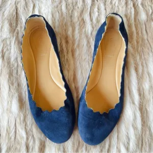 CHLOÉ Lauren Scallop-Trim Blue Suede Ballet Flats