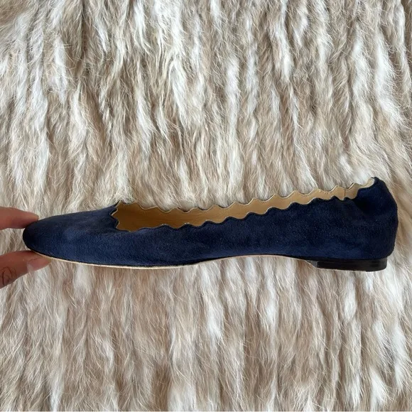 CHLOÉ Lauren Scallop-Trim Blue Suede Ballet Flats