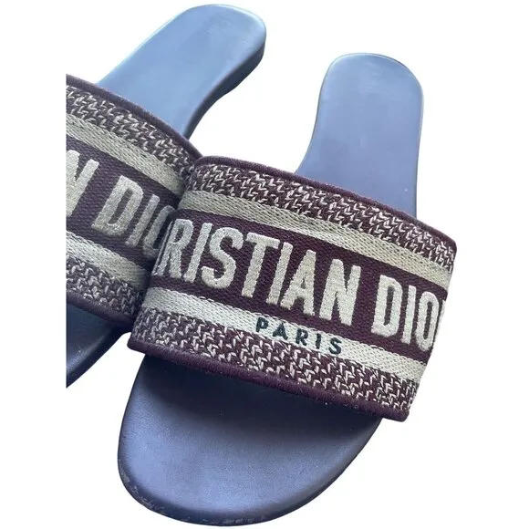 Christian Dior Paris Burgundy &amp; Beige Embroidered Slide Sandals Womens