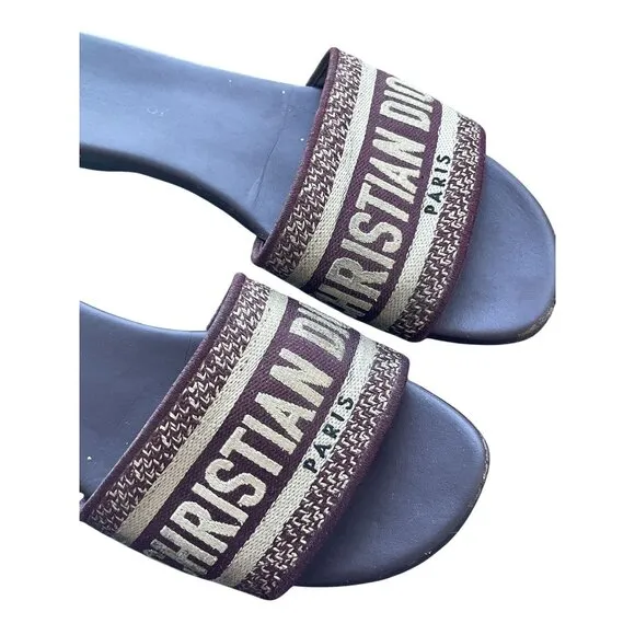 Christian Dior Paris Burgundy &amp; Beige Embroidered Slide Sandals Womens