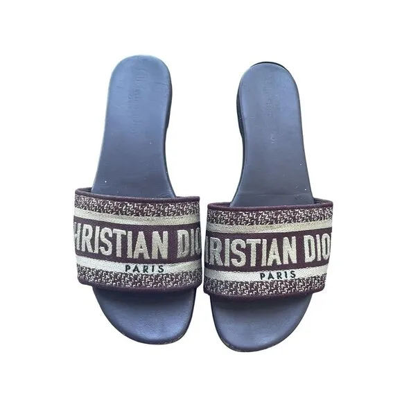 Christian Dior Paris Burgundy &amp; Beige Embroidered Slide Sandals Womens