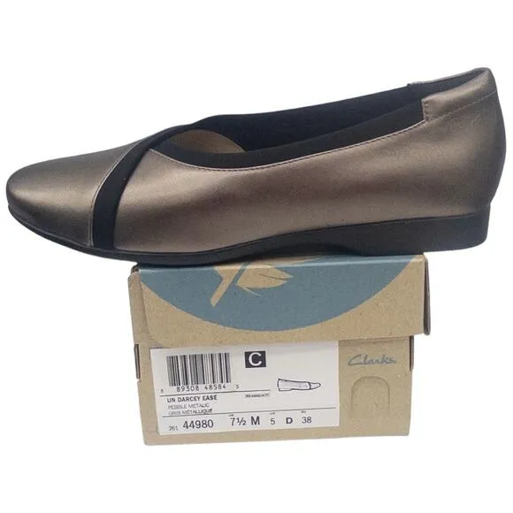 Clarks Un Darcey Ease Pebble Metallic Leather Ballet Flats 7.5 Women's
