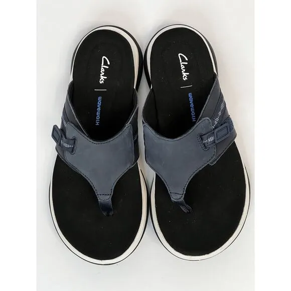 Clarks Womens US 7 W‎ Wave 2.0 Sea Flip Flop Sandal Navy Leather/ Nubuck Combine