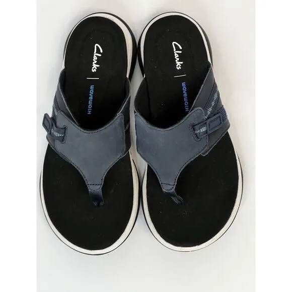 Clarks Womens US 7 W‎ Wave 2.0 Sea Flip Flop Sandal Navy Leather/ Nubuck Combine