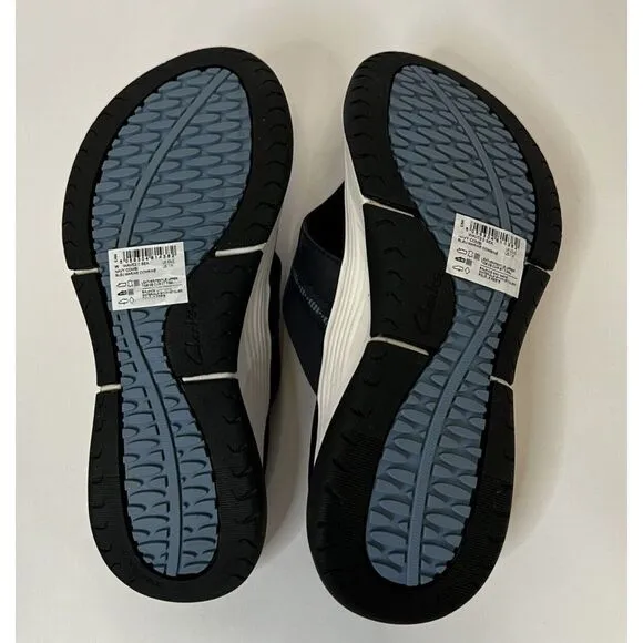 Clarks Womens US 7 W‎ Wave 2.0 Sea Flip Flop Sandal Navy Leather/ Nubuck Combine
