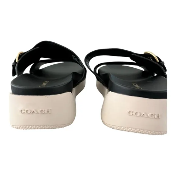 Coach Gwen C8925 Signature Black Silver Buckle Strap Leather Sandals Women US 9