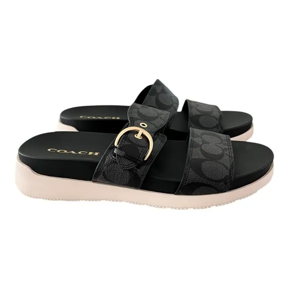 Coach Gwen C8925 Signature Black Silver Buckle Strap Leather Sandals Women US 9