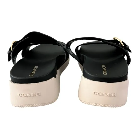Coach Gwen C8925 Signature Black Silver Buckle Strap Leather Sandals Women US 9