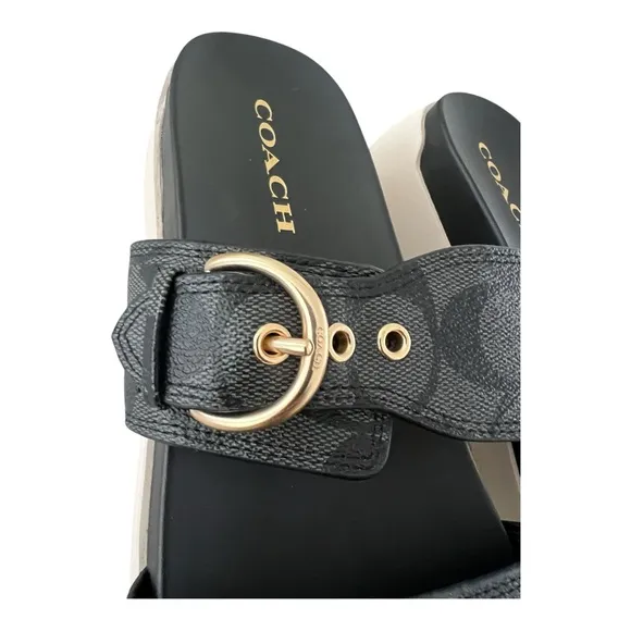 Coach Gwen C8925 Signature Black Silver Buckle Strap Leather Sandals Women US 9