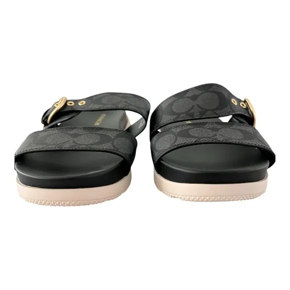 Coach Gwen C8925 Signature Black Silver Buckle Strap Leather Sandals Women US 9