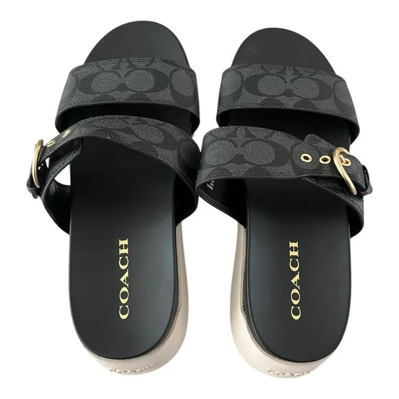Coach Gwen C8925 Signature Black Silver Buckle Strap Leather Sandals Women US 9