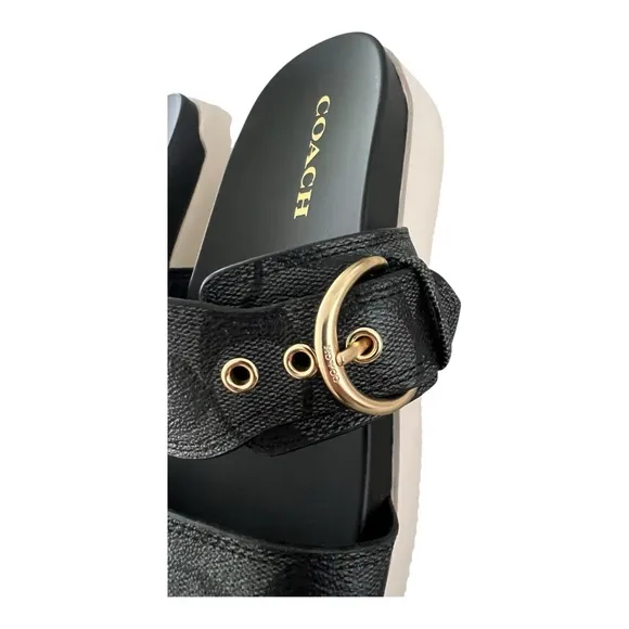 Coach Gwen C8925 Signature Black Silver Buckle Strap Leather Sandals Women US 9