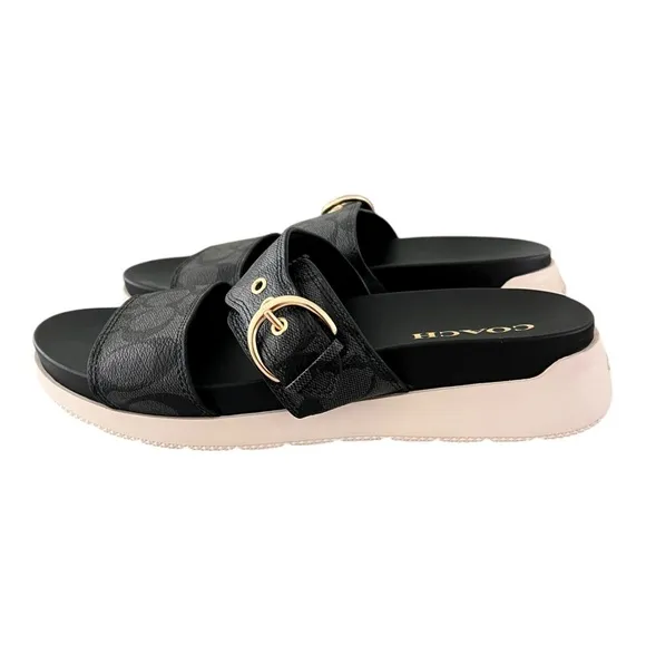 Coach Gwen C8925 Signature Black Silver Buckle Strap Leather Sandals Women US 9