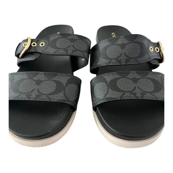 Coach Gwen C8925 Signature Black Silver Buckle Strap Leather Sandals Women US 9