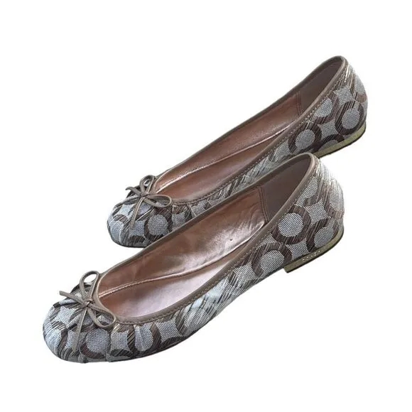 Coach Landon Round Toe Ballet Flat Cream/Gold Fabric Trimmed in Gold Leather 6B