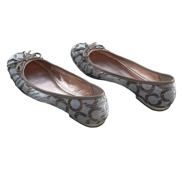 Coach Landon Round Toe Ballet Flat Cream/Gold Fabric Trimmed in Gold Leather 6B