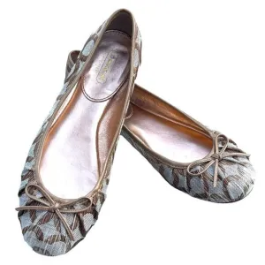 Coach Landon Round Toe Ballet Flat Cream/Gold Fabric Trimmed in Gold Leather 6B