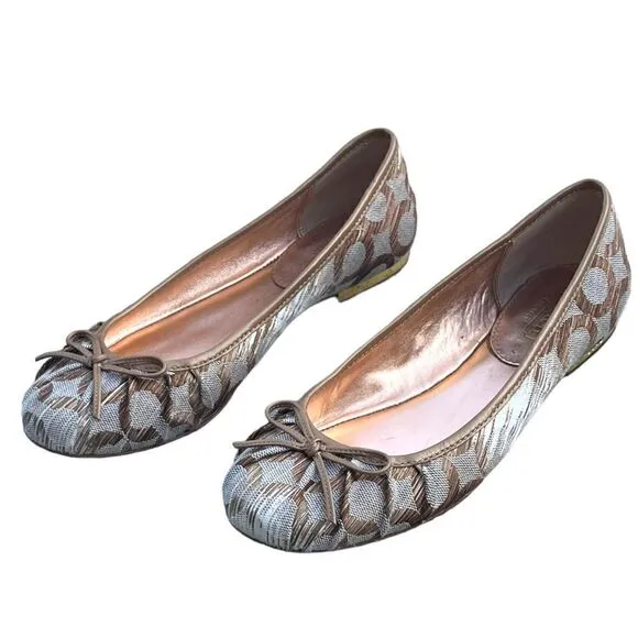Coach Landon Round Toe Ballet Flat Cream/Gold Fabric Trimmed in Gold Leather 6B