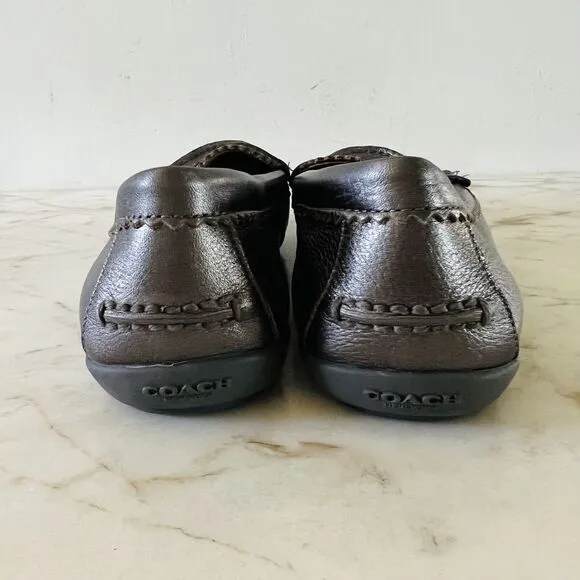 COACH Odette Solid Metallic Black Gray Leather Driver Loafer Black Logo - US 7