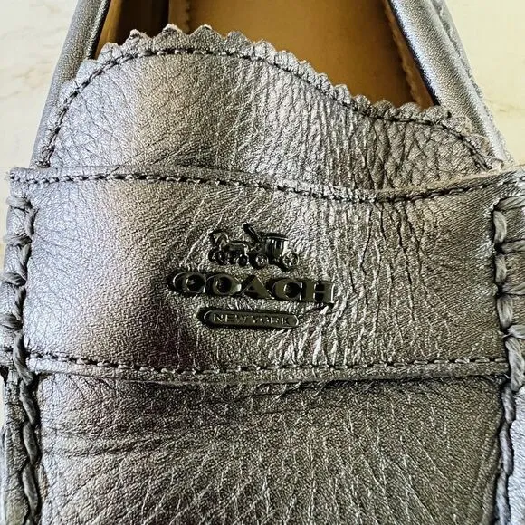 COACH Odette Solid Metallic Black Gray Leather Driver Loafer Black Logo - US 7