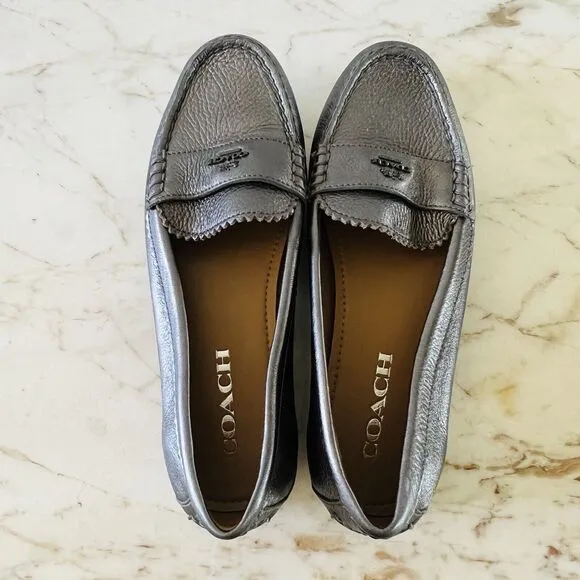 COACH Odette Solid Metallic Black Gray Leather Driver Loafer Black Logo - US 7
