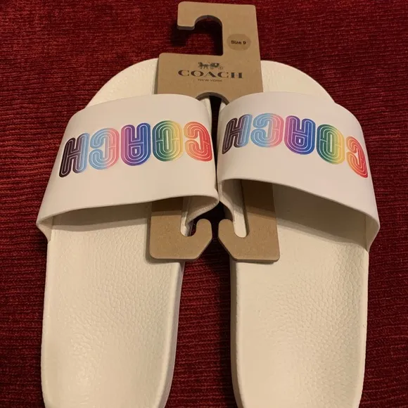 Coach slide sandals white with rainbow top