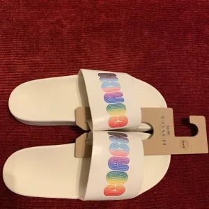 Coach slide sandals white with rainbow top