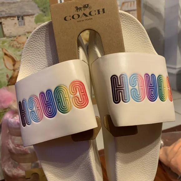 Coach slide sandals white with rainbow top