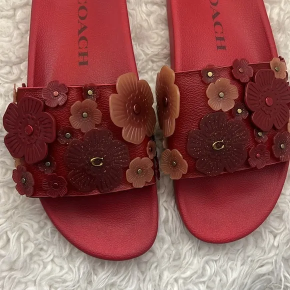 Coach Sophi Red Floral Embellished Slides size 10