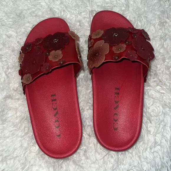 Coach Sophi Red Floral Embellished Slides size 10