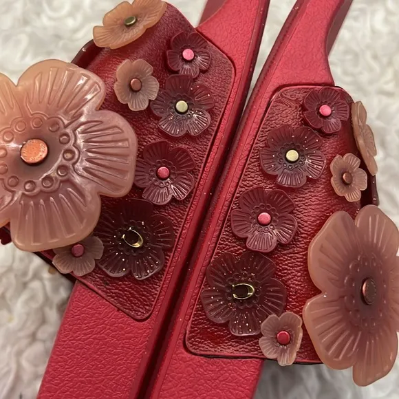 Coach Sophi Red Floral Embellished Slides size 10