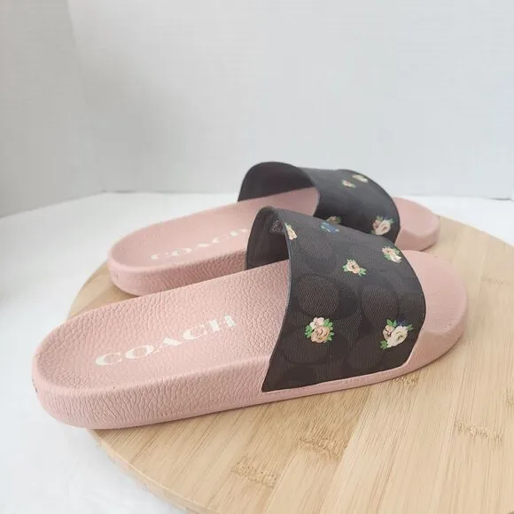 Coach ULI Flora Slides Womens Sz 9B Monogram Signature C7675 Coated Canvas 2021