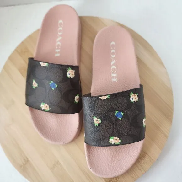 Coach ULI Flora Slides Womens Sz 9B Monogram Signature C7675 Coated Canvas 2021
