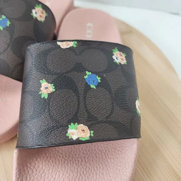 Coach ULI Flora Slides Womens Sz 9B Monogram Signature C7675 Coated Canvas 2021