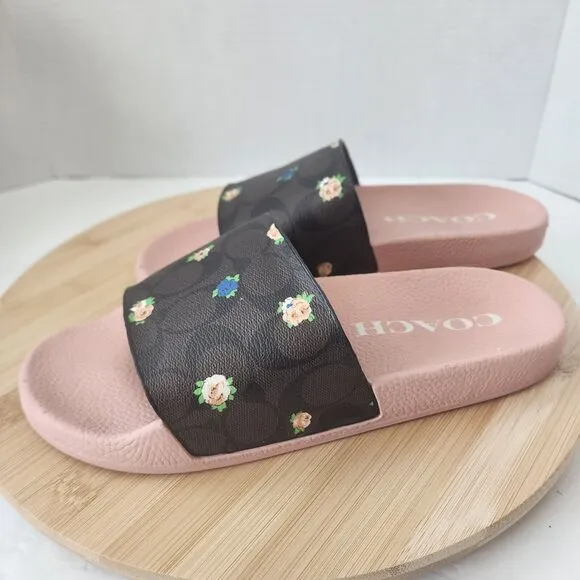 Coach ULI Flora Slides Womens Sz 9B Monogram Signature C7675 Coated Canvas 2021